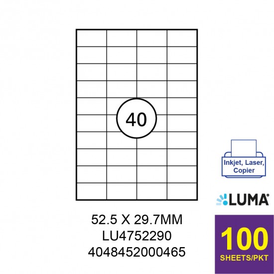 LUMA LU4752290 LABEL FOR INKJET / LASER / COPIER 100 SHEETS/PKT WHITE 52.5X29.7MM